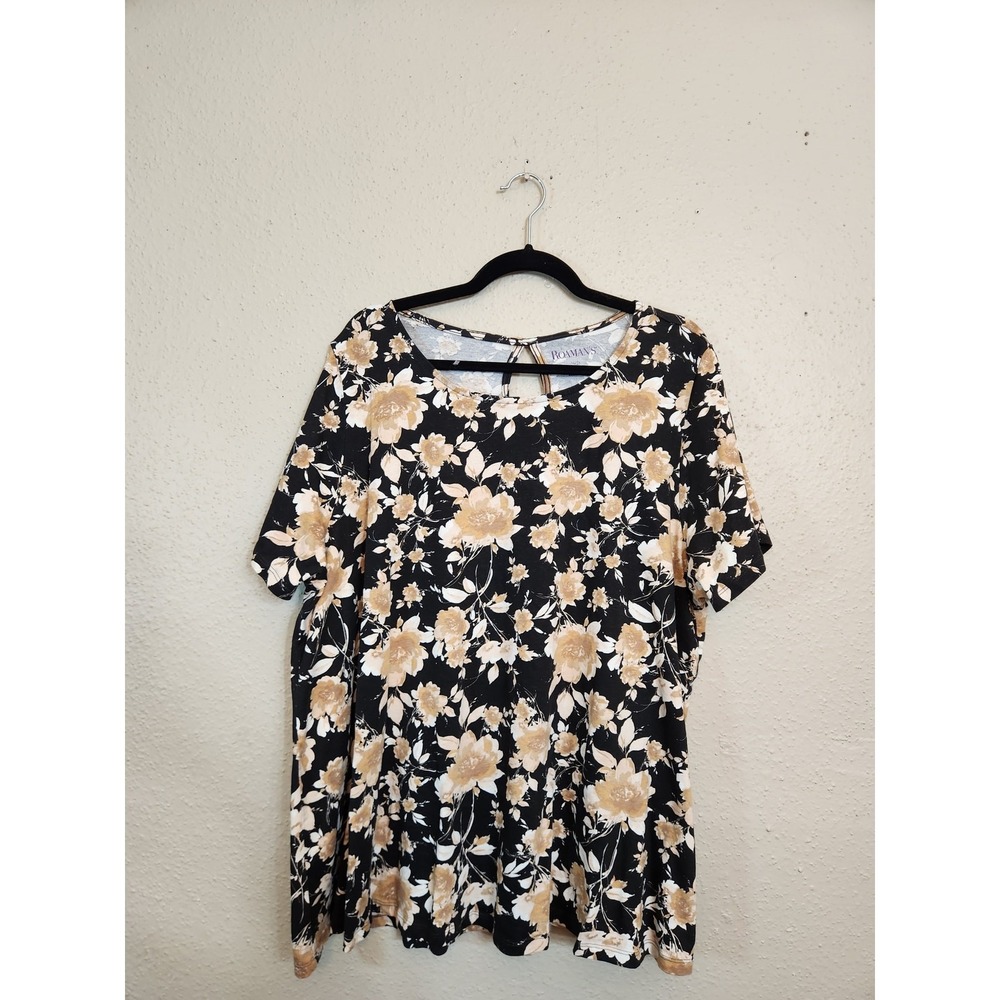 Roaman's Womens 2X Black Tan Floral Cotton Tee Keyhole Back Short Sleeve Top